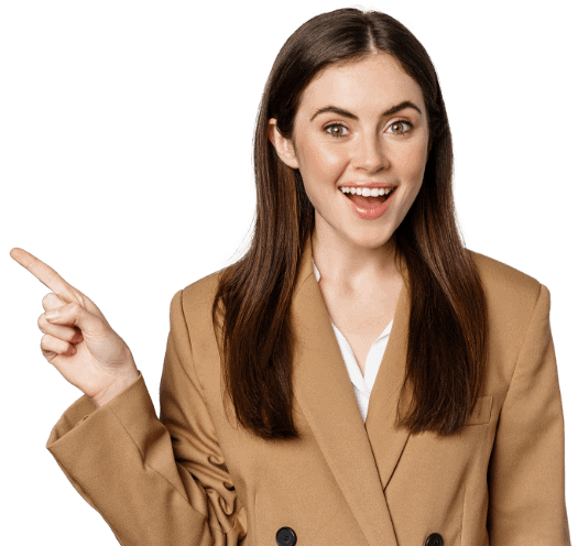 Portrait Businesswoman Pointing finger left showing corporate banner logo standing brown suit