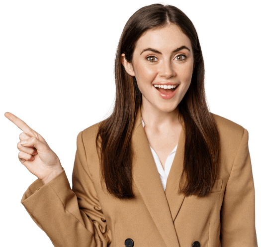 Portrait Businesswoman Pointing finger left showing corporate banner logo standing brown suit